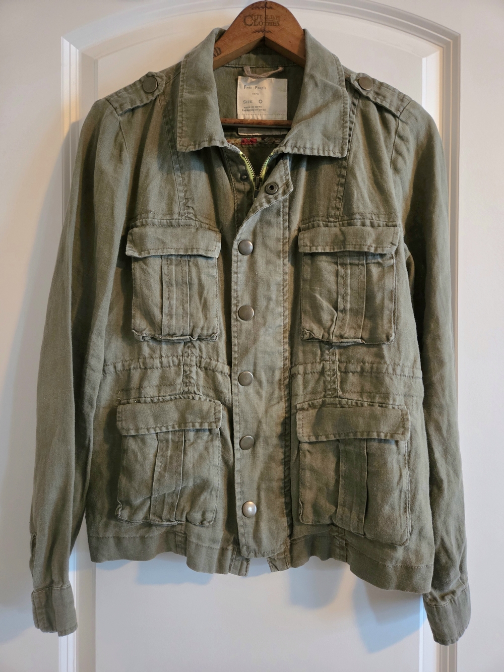 Free People Olive Green Linen Military Utility Field Jacket Oversized Cargo O